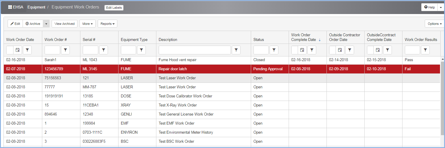 Work Order List System Equipment Work Order List
