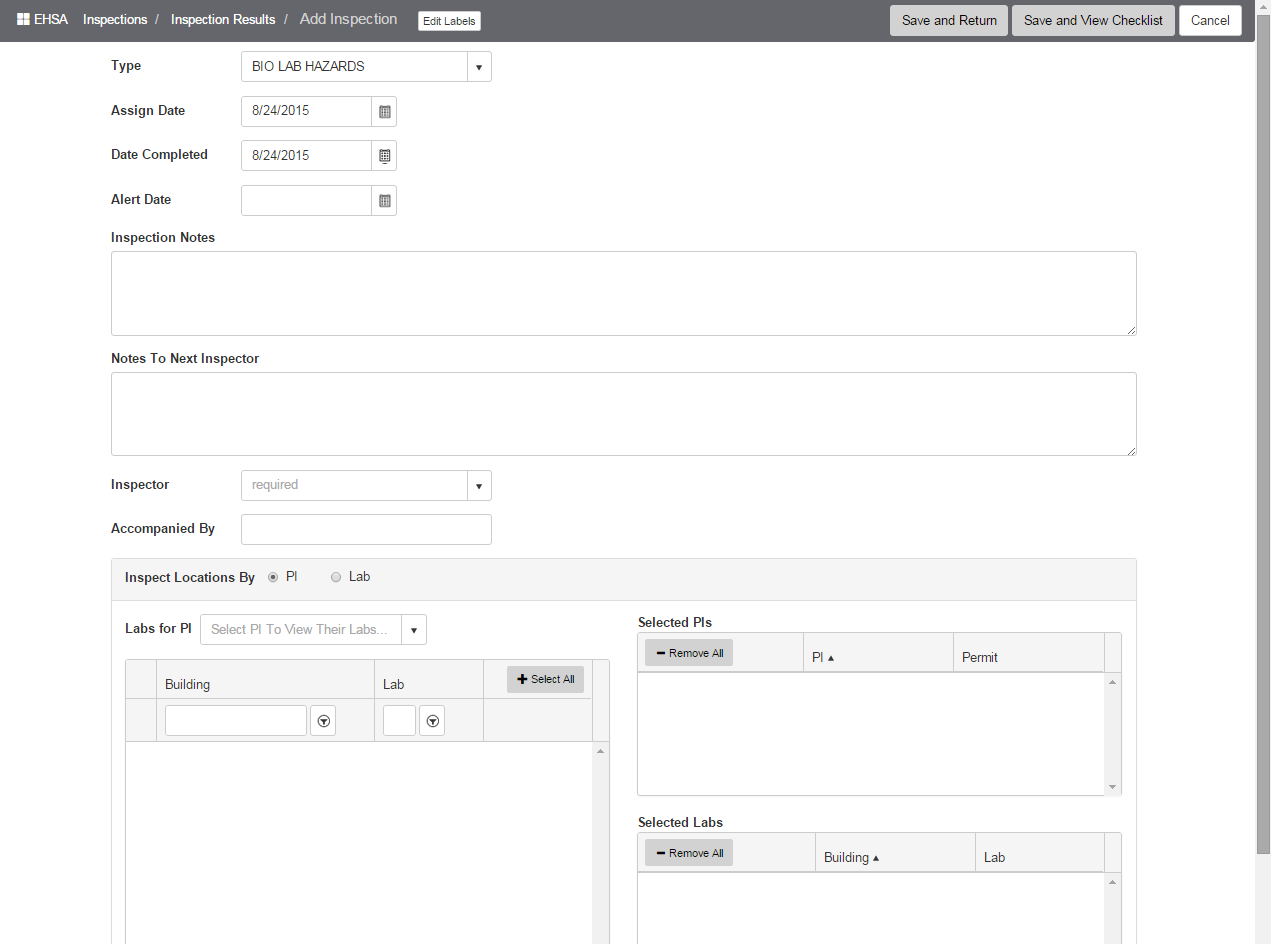 Add Inspection in Inspection Listing